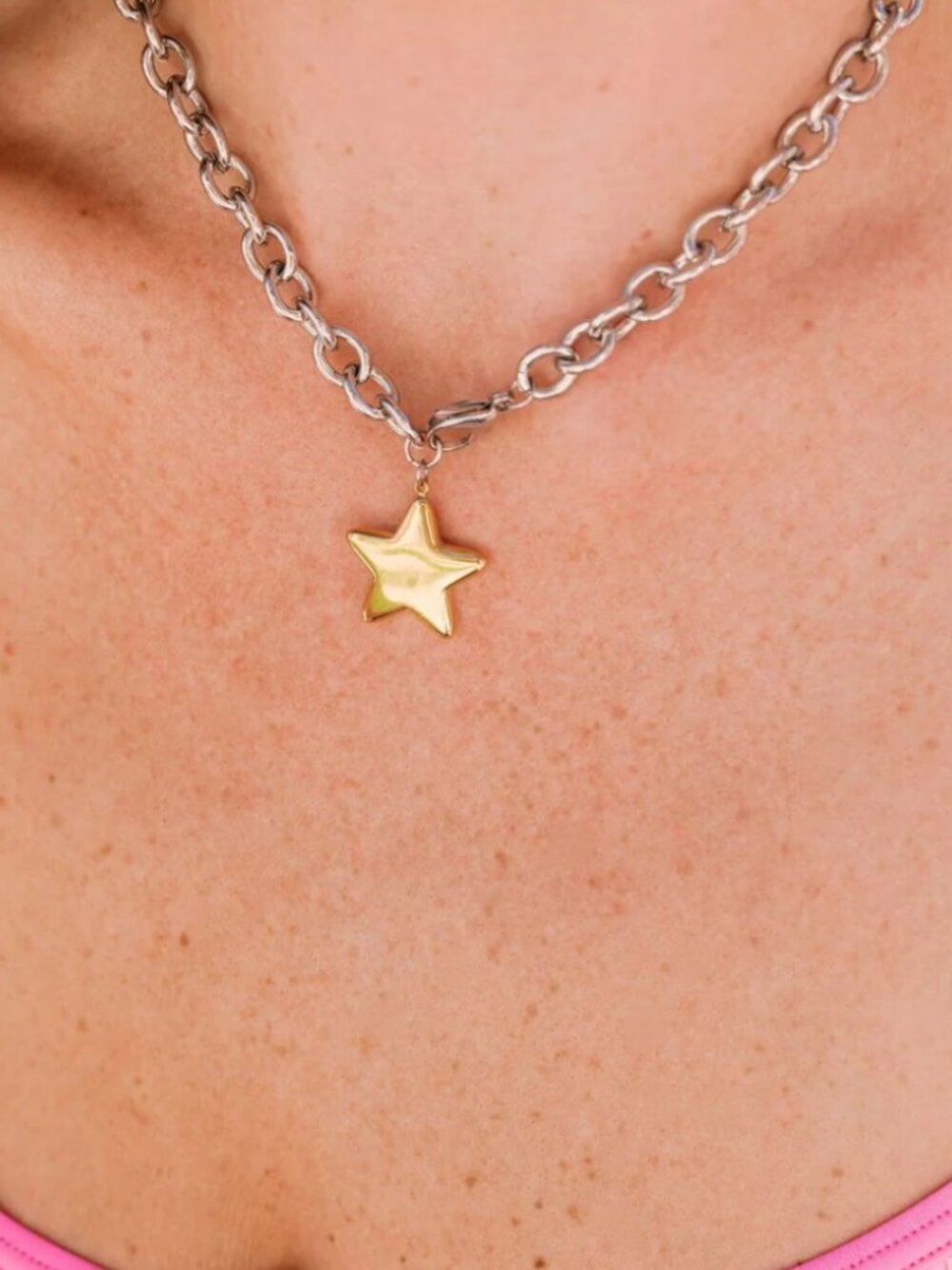 Star Necklace Waterproof Clasp In front Silver or Gold Chunky Chain Necklace - Picture 3 of 9